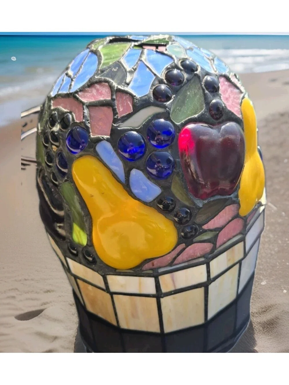 Vintage TABLE LAMP Stain Glass Shade Fruit Pear Apple Night Light (Ting Shen?)